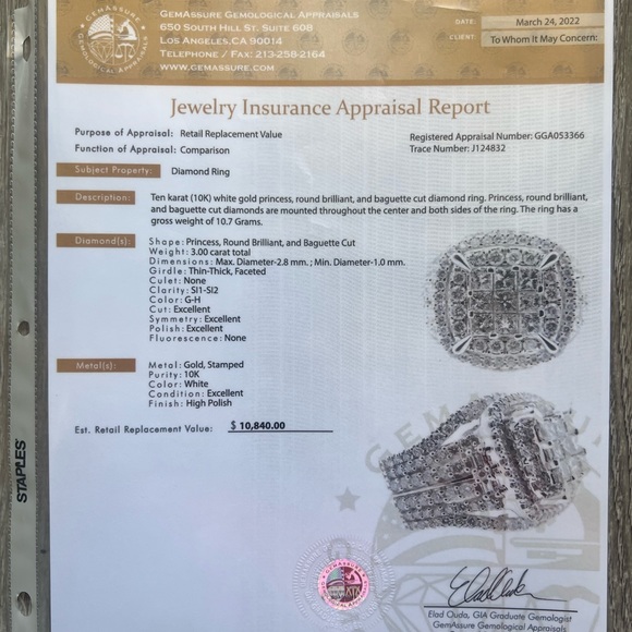 Ten karat (10k) white gold size 7 certified/appraised at $11,000 - Picture 4 of 4